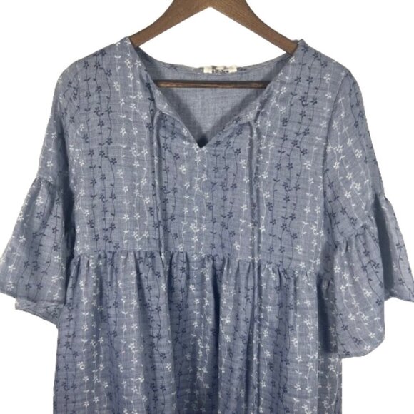 Umgee Womens Floral Chambray Baby Doll Dress Size M Blue Bell Sleeves Boho Twee - Picture 2 of 13